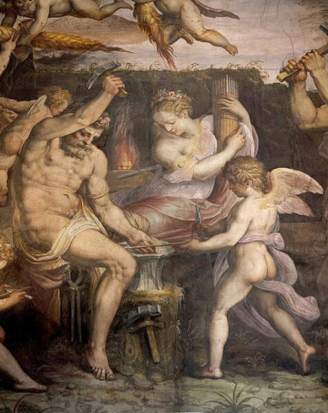 . Vulcan’s Forge (detail). Fresco. Palazzo Vecchia, Florence. Giorgio Vasari, 1511-1574, and Cristoforo Gherardi, 1508-1556
